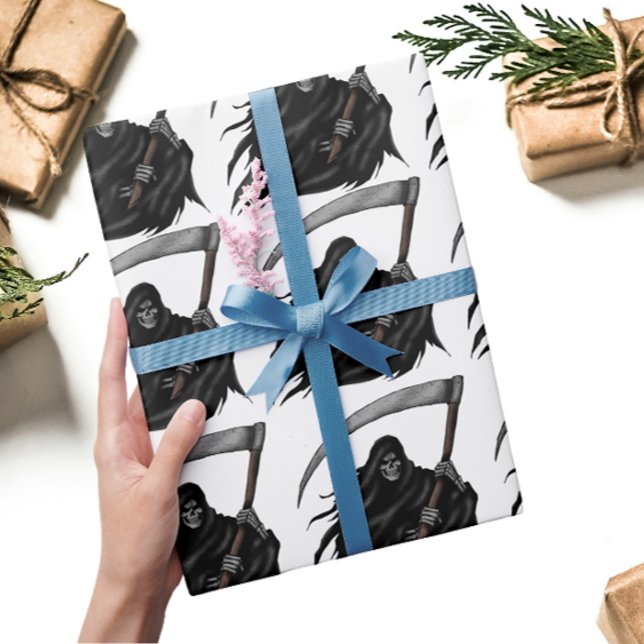 Gothic Grim Sensenmann mit Scythe (Weiß) Geschenkpapier (Von Creator hochgeladen)