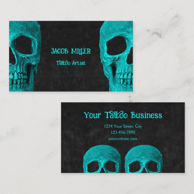 Gothic Half Skull Aquamarin Black Tattoo Artist Visitenkarte (Vorne/Hinten)