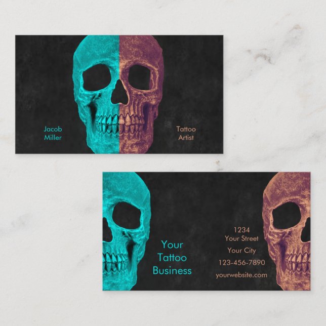 Gothic Half Skull Aquamarin Brown Black Tattoo Sho Visitenkarte (Vorne/Hinten)