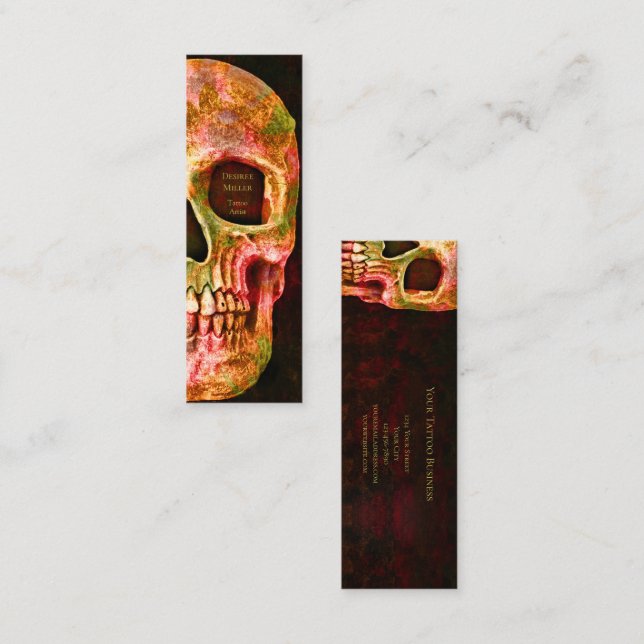 Gothic Half Skull Face Red Green Tattoo Shop Mini Visitenkarte (Vorne/Hinten)
