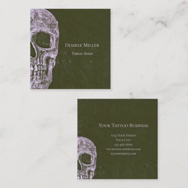 Gothic Half Skull Grunge Olive Green Tattoo Artist Quadratische Visitenkarte (Vorne/Hinten)
