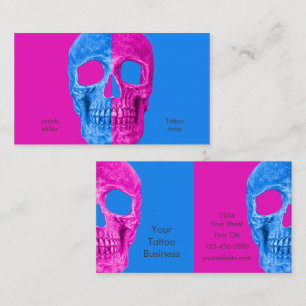 Gothic Half Skull Head Neon Blue Pink Tattoo Shop Visitenkarte