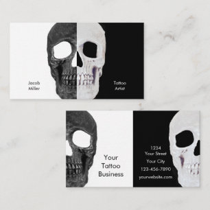 Gothic Half Skull Head Schwarz-Weiß Tattoo Shop Visitenkarte