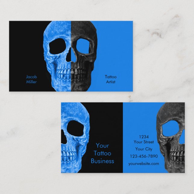 Gothic Half Skull Heads Black Blue Tattoo Shop Visitenkarte (Vorne/Hinten)
