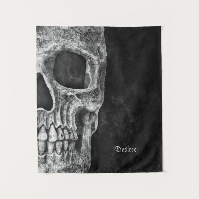 Gothic Half Skull Kopf Cool Schwarz-Weiß-Grunge Wandteppich (Vorderseite)