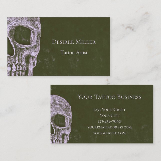 Gothic Half Skull Olive Green Grunge Tattoo Artist Visitenkarte (Vorne/Hinten)