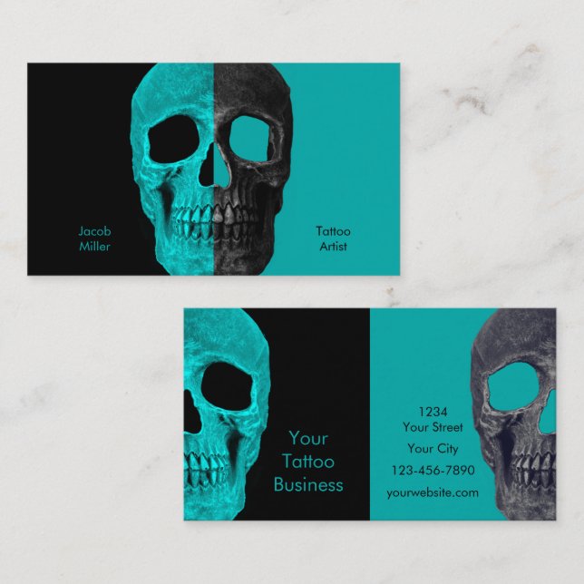Gothic Half Skulls Aquamarin Black Tattoo Shop Visitenkarte (Vorne/Hinten)