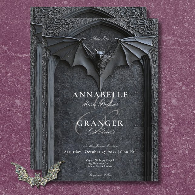 Gothic Halloween Black Bat & Arch Wedding Einladung (Gothic Halloween Black Bat & Arch Wedding Invitation)