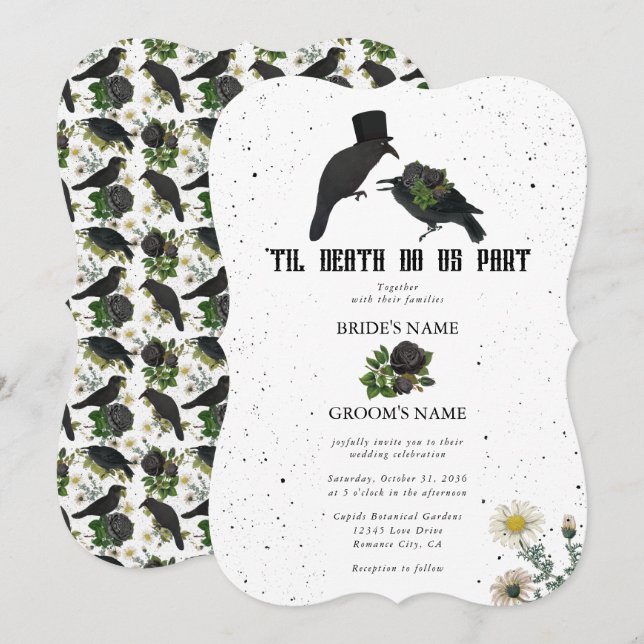 Gothic Halloween Black Rose Crows Wedding Einladung (Vorne/Hinten)