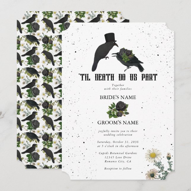 Gothic Halloween Black Rose Crows Wedding Einladung (Vorne/Hinten)