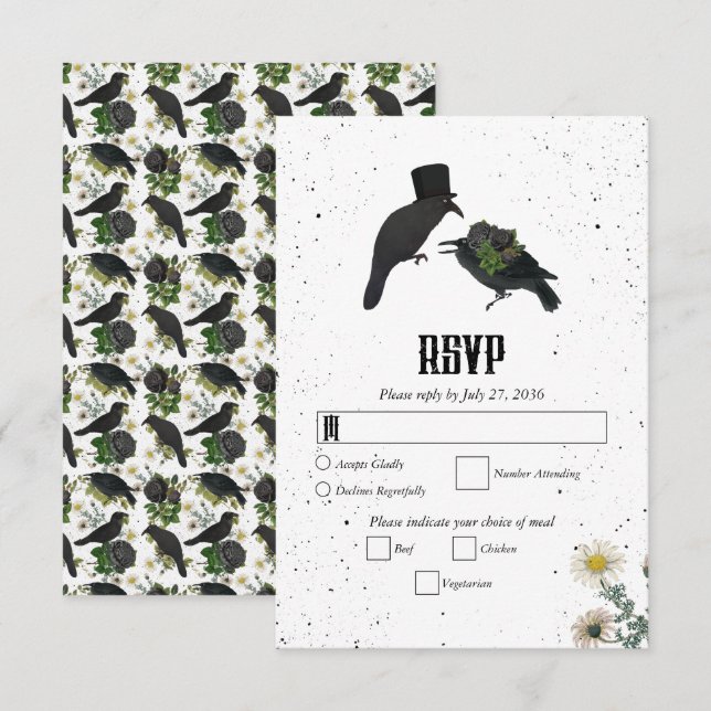 Gothic Halloween Black Rose Crows Wedding RSVP Karte (Vorne/Hinten)