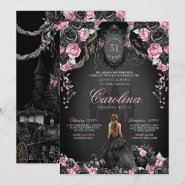 Gothic Halloween Black Rose Pink Quinceañera Einladung