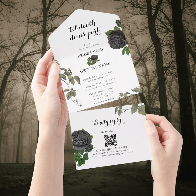 Gothic Halloween Black Rose White Wedding All In One Einladung (Gothic Halloween Black Roses White Wedding All In One Invitation)