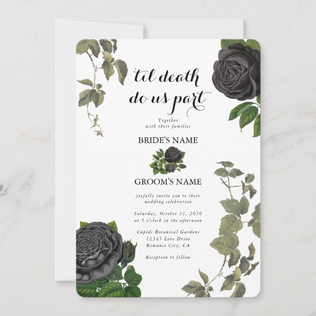 Gothic Halloween Black Rose White Wedding Einladung (Vorderseite)