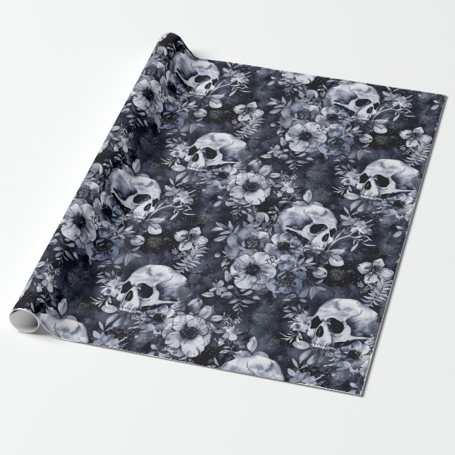 Gothic Halloween Botanisches Skulls-Muster Geschenkpapier (Ungerollt)