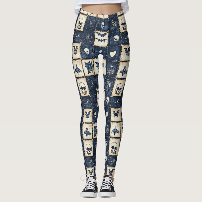 Gothic Halloween Denim Patchwork-Muster Leggings (Vorderseite)