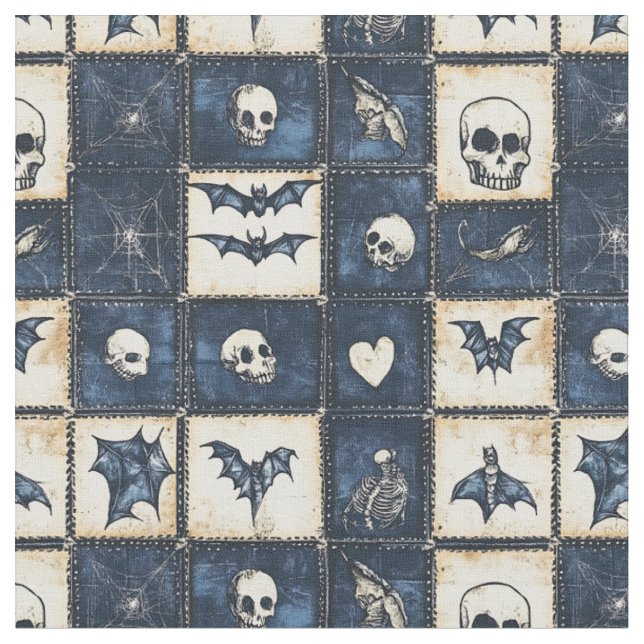 Gothic Halloween Denim Patchwork Pattern Stoff (Nahaufnahme)