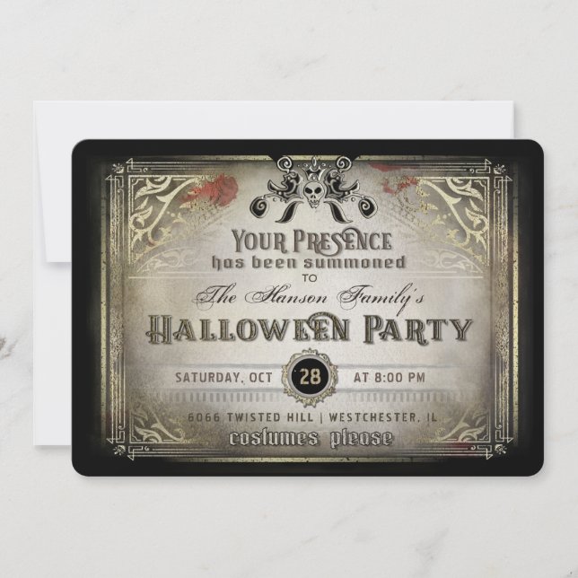 Gothic Halloween Elegance Party Black & Gold Skull Einladung (Vorderseite)