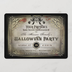 Gothic Halloween Elegance Party Black & Gold Skull Einladung