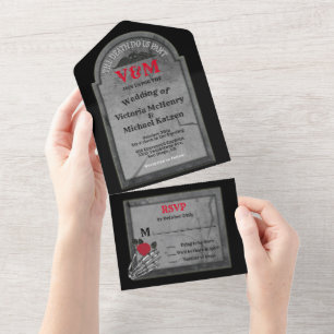 Gothic Halloween-Hochzeit mit Grabstein All In One Einladung