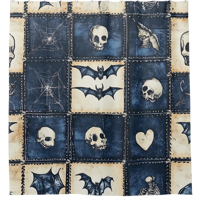 Gothic Halloween Jeans Patchwork Muster Duschvorhang (Vorderseite)