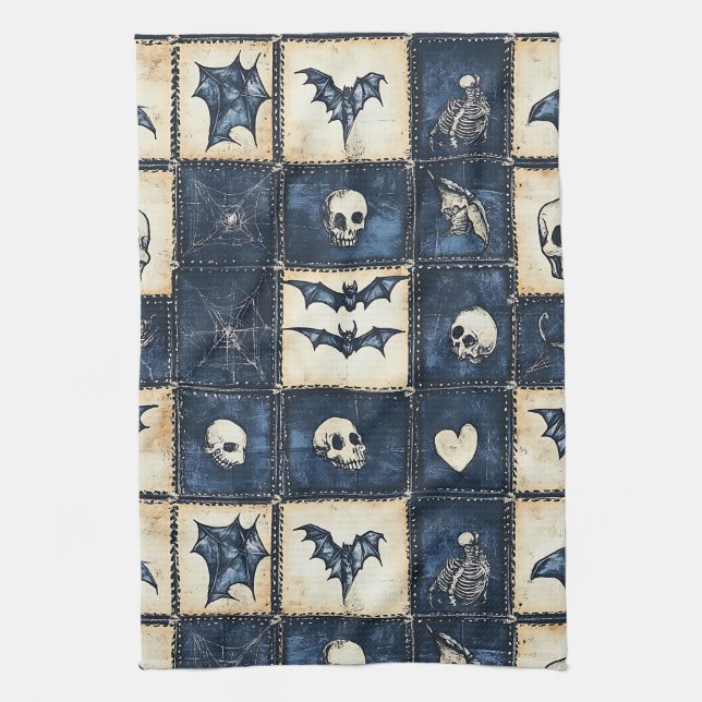 Gothic Halloween Jeans Patchwork Muster Geschirrtuch (Vertikal)