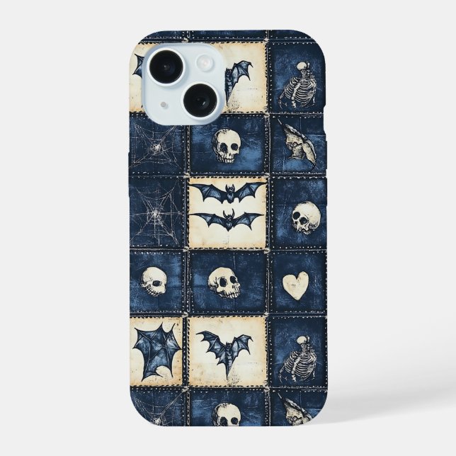 Gothic Halloween Jeansstoff-Patchwork-Muster iPhone 15 Hülle (Rückseite)