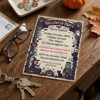 Gothic Halloween-Party Hexe & Monster Einladung