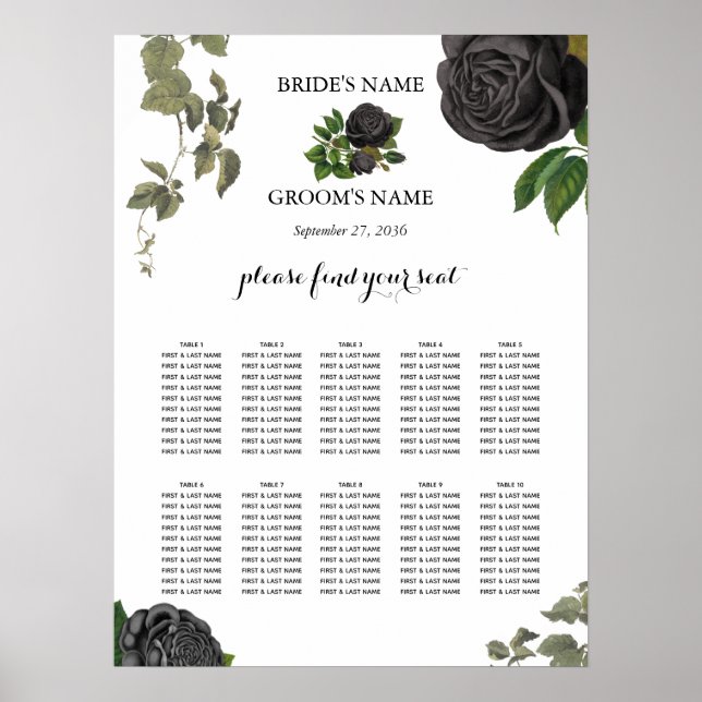 Gothic Halloween Roses White Wedding Seating Chart Poster (Vorne)