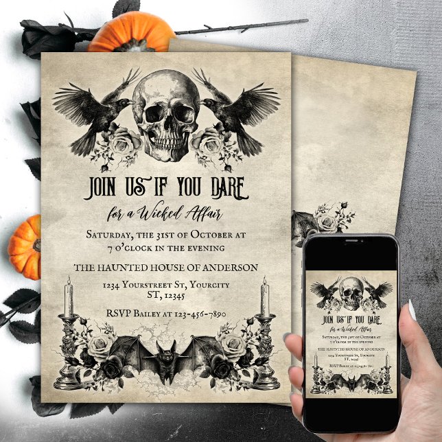 Gothic Halloween Schädelhammer raven schwarze Rose Einladung (Gothic Halloween invitaion, skull, ravens, bat, candles. Wicked affair.)