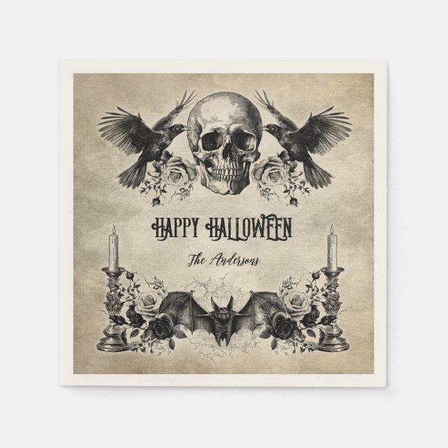 Gothic Halloween Schädelhammer raven schwarze Rose Serviette (Vorderseite)