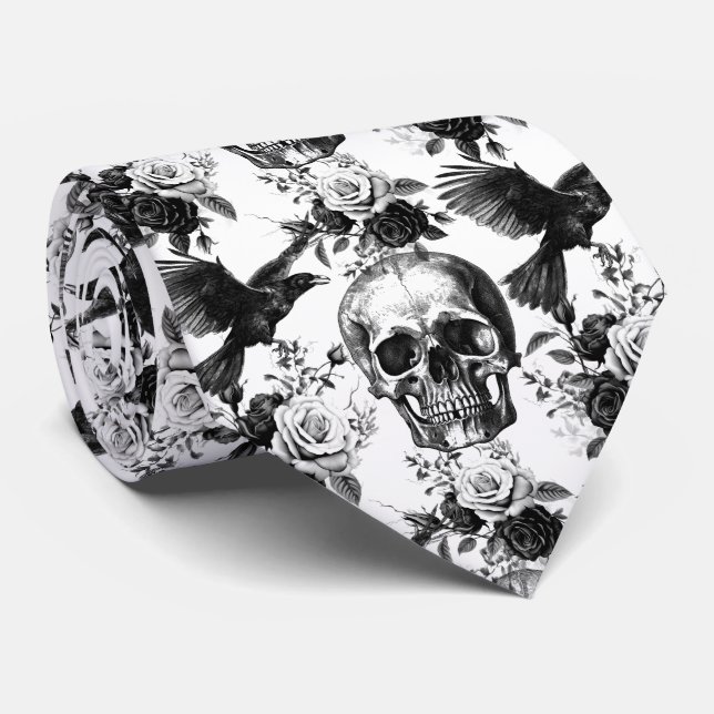 Gothic Halloween Schädelraven Schwarze Rose Muster Krawatte (Gerollt)