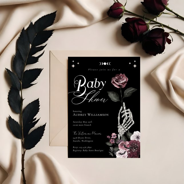 Gothic Halloween Skeleton Hand Rose Babydusche Einladung (Gothic Halloween Skeleton Hand Rose Baby Shower Invitation (Front))