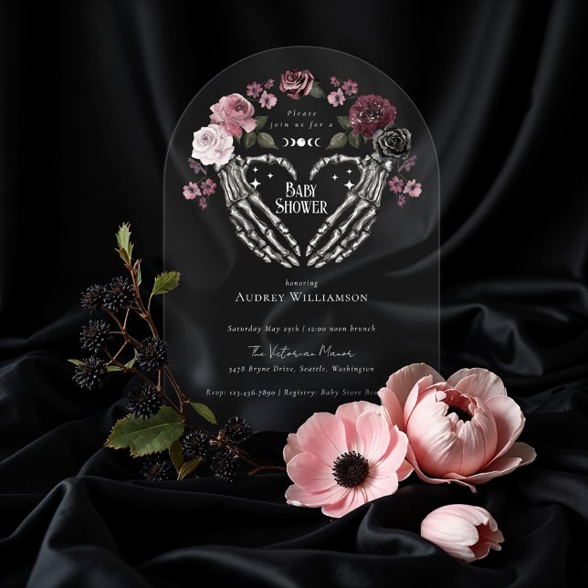 Gothic Halloween Skeleton Hands Heart Baby Shower Acryleinladungen (Gothic Halloween Skeleton Hands Heart Baby Shower Acrylic Invitations)