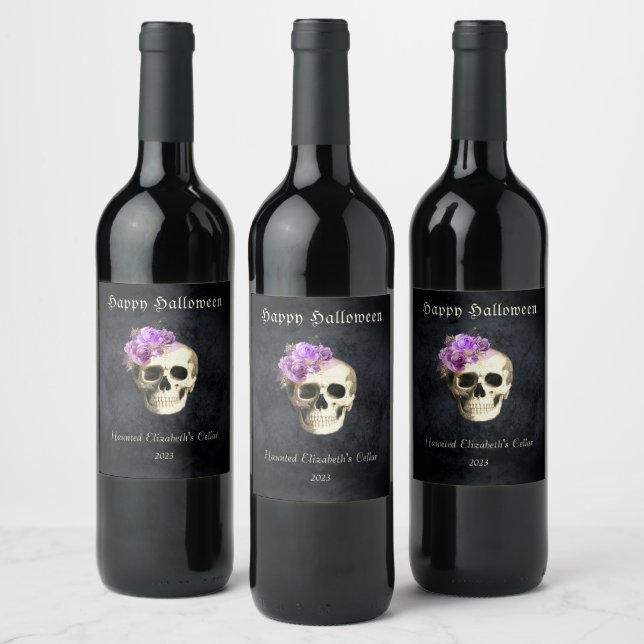 Gothic Halloween Skull Lila Rose Personalisiert Weinetikett (Flaschen)