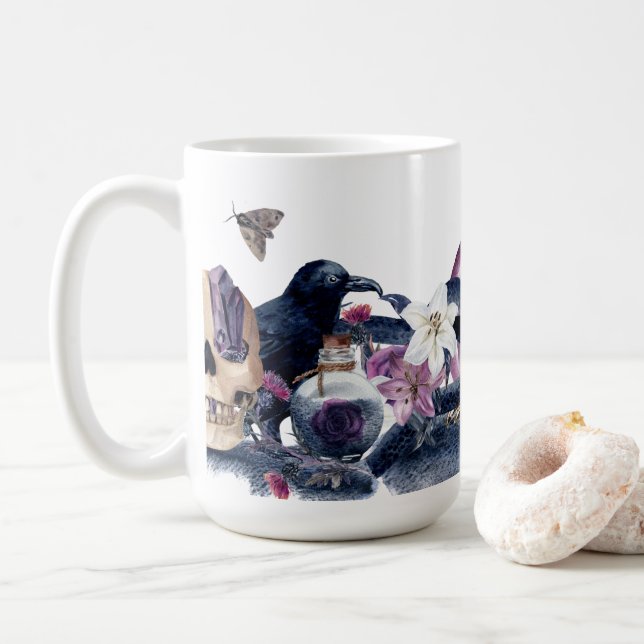 Gothic Halloween Skull & Raven Kaffeetasse (Mit Donut)