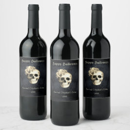 Gothic Halloween Skull White Roses Personalisiert Weinetikett