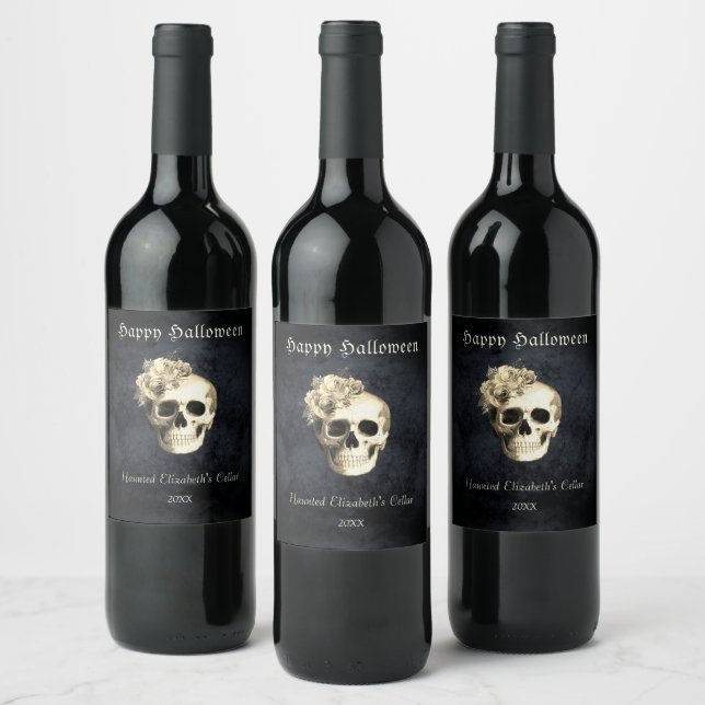 Gothic Halloween Skull White Roses Personalisiert Weinetikett (Flaschen)