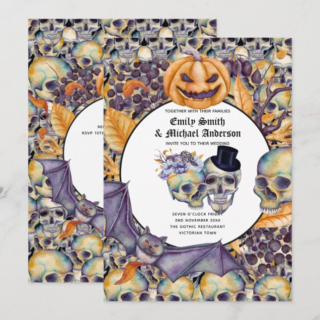 Gothic Halloween Skulls Party Invite Watercolor Einladung (Vorne/Hinten)