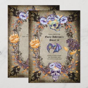 Gothic Halloween Skulls Party Invite Watercolor Einladung