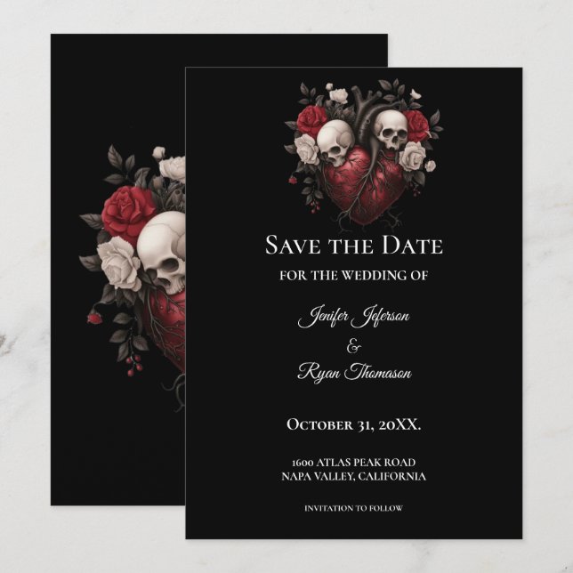 Gothic halloween wedding save the date invitation (Devant / Derrière)
