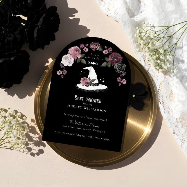 Gothic Halloween White Lace Witch Hat Baby Shower Einladung (Gothic Halloween White Lace Witch Hat Baby Shower Invitation)