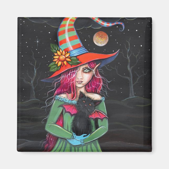 Gothic Halloween Witch Cat Magnet (Vorne)