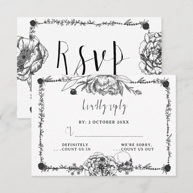 Gothic Hand gezeichnete Blume Skull-RSVP-Karte RSVP Karte (Vorne/Hinten)