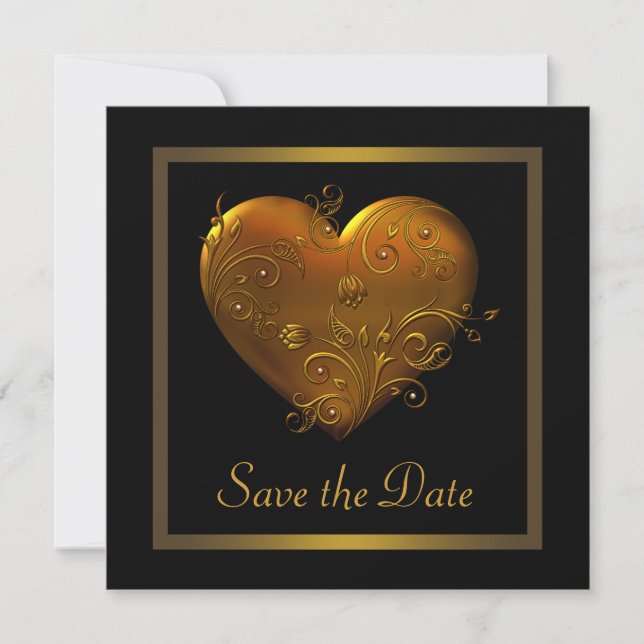 Gothic Heart Black Gold Wedding Save the Date (Vorderseite)