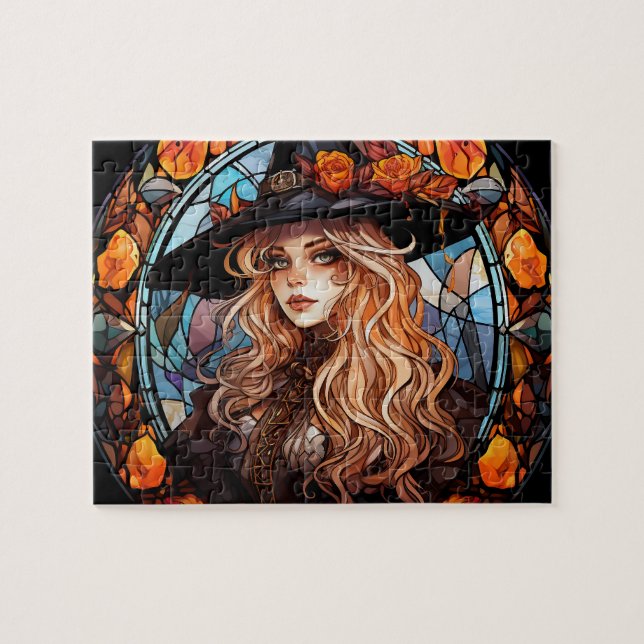 Gothic Hexe gesteinigtes Glass Halloween-Jigsaw-Pu (Horizontal)