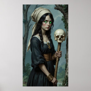Gothic Hexe Grüne Augen Schädelstab Poster