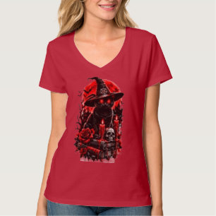Gothic Hexe schwarze Katze Halloween Totenkopf Ker T-Shirt