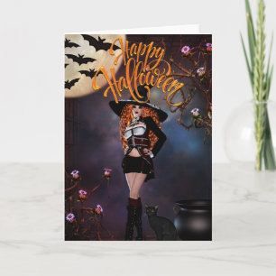 Gothic Hexe und ihr Black Cat Happy Halloween Karte