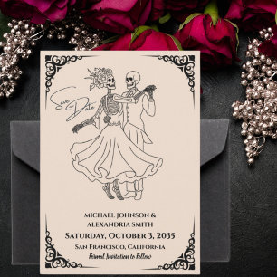 Gothic-Hochzeit Süße Skelette tanzen im Stil von V Save The Date